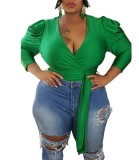 Plus Size Solid Ruched V Neck Crop Top