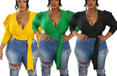 Plus Size Solid Ruched V Neck Crop Top