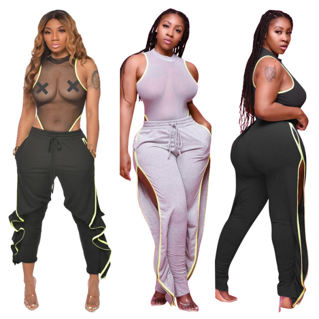 Plus Size See Through Mesh Tank Top and Slit Pants