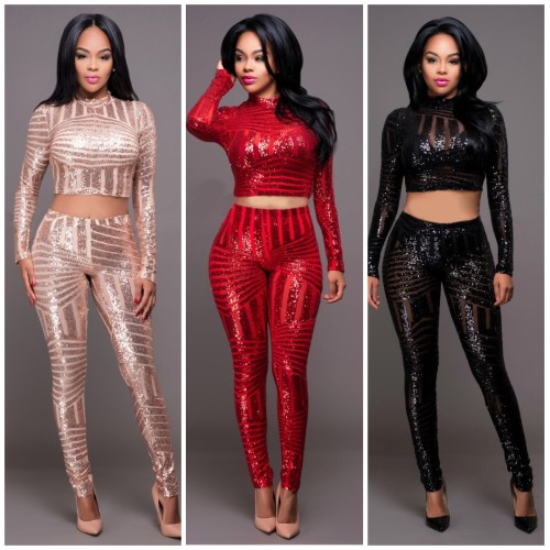 Sequin Crop Top and Pants Fashion Two Piece Set