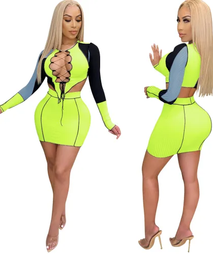 Contrast Sexy Lace Up Crop Top and Mini Skirt Set
