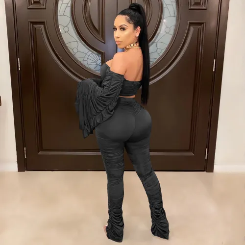 Sexy Wide Sleeves Ruched Crop Top and Stack Pants Set
