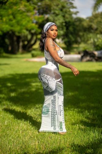 Money Print Sexy Wide Straps Maxi Dress