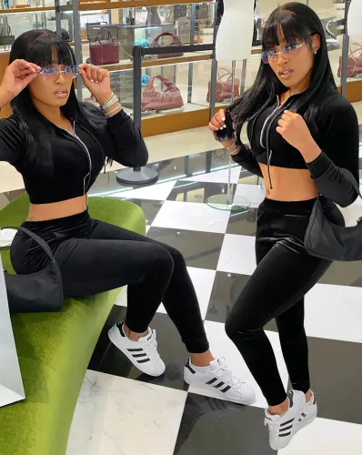 Fitted Velvet Zipped Crop Top and Pants Matching Set