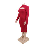 Plus Size Plain Plush Long Sleeve Cutout Midi Dress