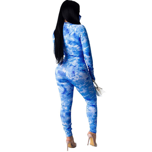 Tie Dye Bodycon Sexy Stack Jumpsuit with Mask