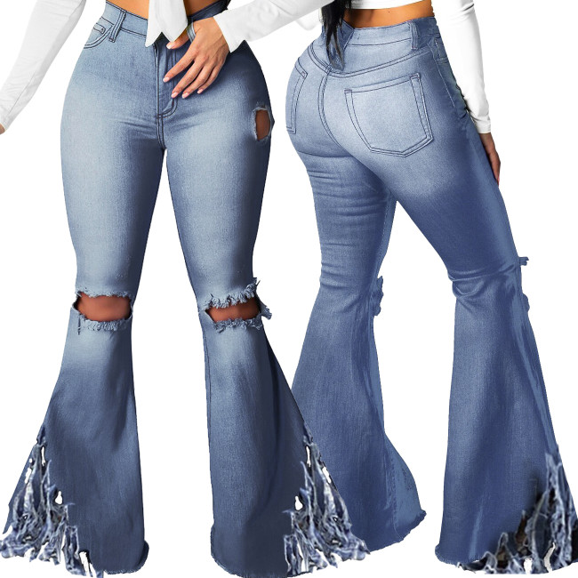 Plus Size Blue Tassel Details Bell Bottom High Waisted Jeans