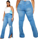 Plus Size Blue High Waist Slit Bottom Jeans