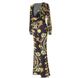 Gold and Black Print Plunging Wide Leg Jumpsuit