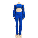 Sexy Wide Sleeves Ruched Crop Top and Stack Pants Set