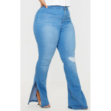 Plus Size Blue High Waist Slit Bottom Jeans