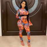 Print  Colorful Flare Cuff Crop Top and Pants Set