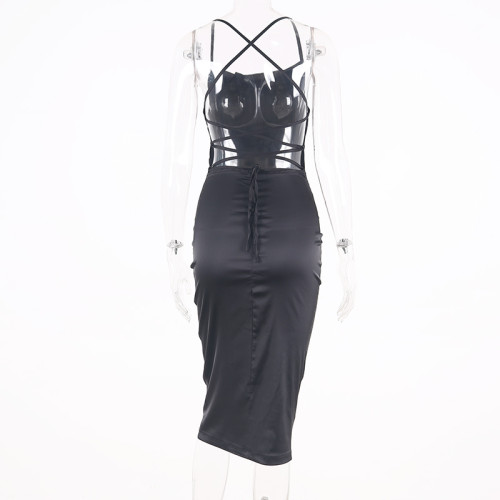 Cross Back Solid Silky Straps Midi Dress