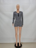 Striped Long Sleeve Buttoned Lounge Rompers