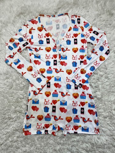 Print Long Sleeve Button Lounge Rompers with Butt Flap
