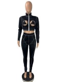 Sexy Contrast Cutout Bodycon Crop Top and Pants Set