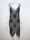 Black Crochet Cami Beach Dress Tassel Cover Up