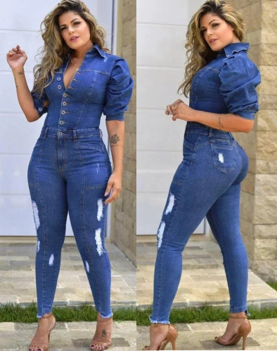 Blue Half Sleeves Ripped Fitted Denim Jumpsuit