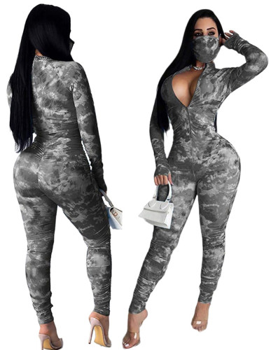 Tie Dye Bodycon Sexy Stack Jumpsuit with Mask