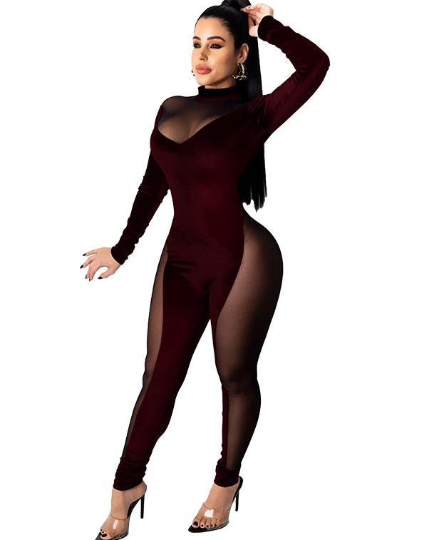 Long Sleeve Mesh Insert Sexy Bodycon Velvet Jumpsuit