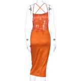 Cross Back Solid Silky Straps Midi Dress