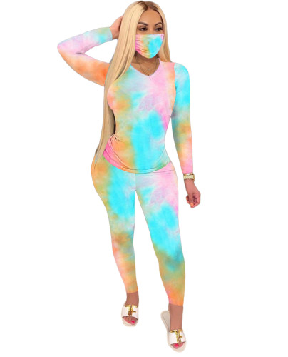 Tie Dye V-Neck Long Sleeve Tee and Pants Set with Masks