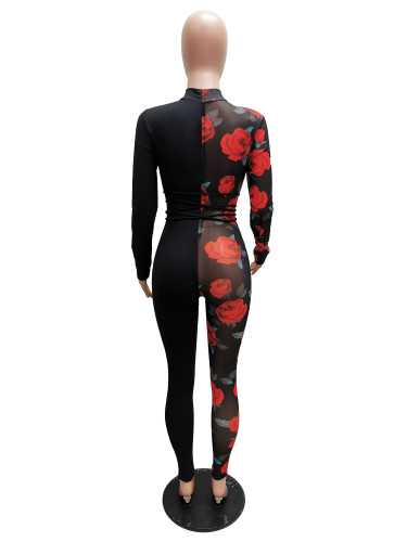 Sexy Floral Mesh Patchwork Long Sleeve Tight Jumpsuit