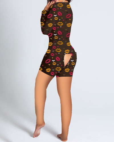 Print Long Sleeve Button Lounge Rompers with Butt Flap
