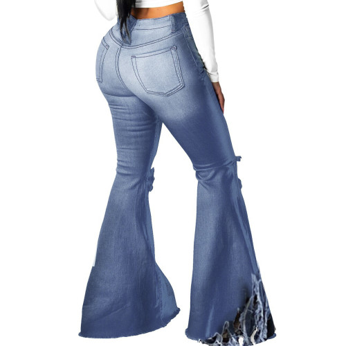 Plus Size Blue Tassel Details Bell Bottom High Waisted Jeans