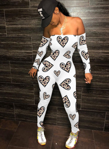 Print Off Shoulder Long Sleeve Bodycon Jumpsuit