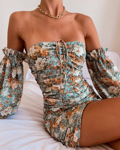 Sexy Floral Lantern Sleeve Ruched Mini Dress