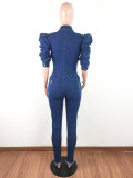 Blue Half Sleeves Ripped Fitted Denim Jumpsuit