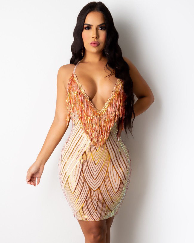 Sequin Tassel Deep V Neckline Straps Bodycon Dress