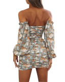 Sexy Floral Lantern Sleeve Ruched Mini Dress