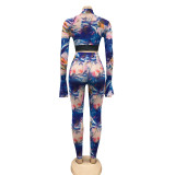 Print  Colorful Flare Cuff Crop Top and Pants Set