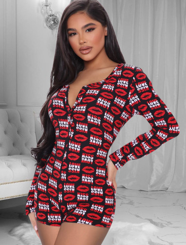 Lip Print Buttoned Lounge Rompers
