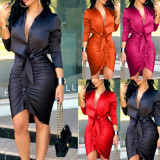 Button Up Ruched Collar Bodycon Dress