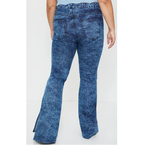Plus Size Blue Tie Dye High Waist Slit Bottom Jeans