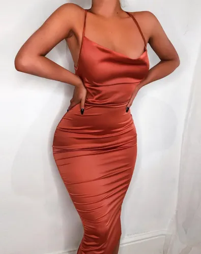 Cross Back Solid Silky Straps Midi Dress