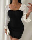 Black & White Contrast Ruffle Tie Back Dress