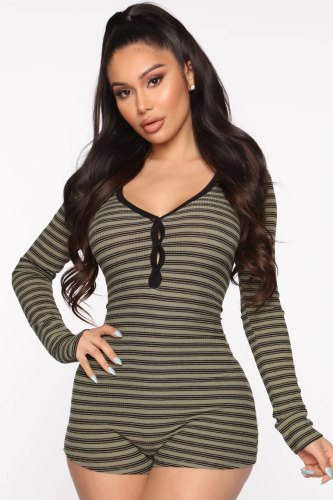 Striped Long Sleeve Buttoned Lounge Rompers