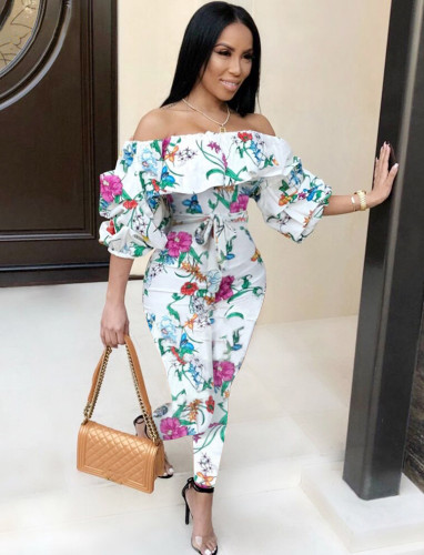 Floral Off Shoulder Ruffle Puff Sleeve Jumpsuit