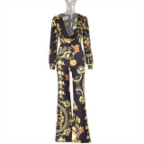 Gold and Black Print Plunging Wide Leg Jumpsuit