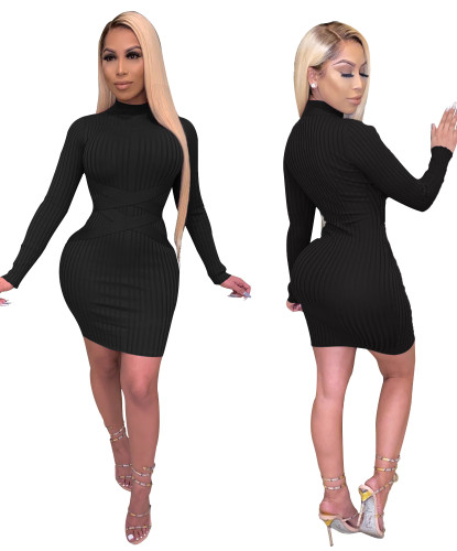 Long Sleeve Ribbed Sexy Solid Bodycon Dress