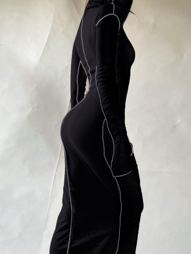 Long Sleeve Casual Hooded Maxi Dress with Contrast Piping