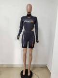 Print Long Sleeve Bodysuit and Biker Shorts Two Piece Set