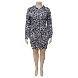 Plus Size Long Sleeve Leopard Print Hooded Bodycon Dress
