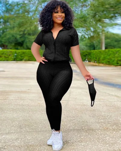 Short Sleeve Textured Two Piece Matching Pants Set