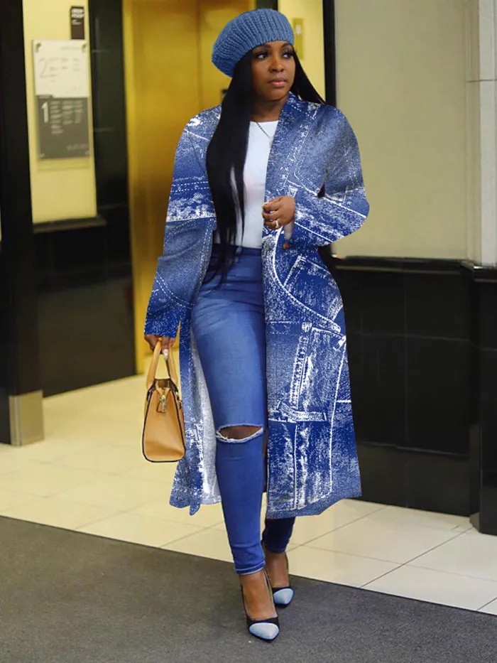 Printed Fake Denim Long Coat