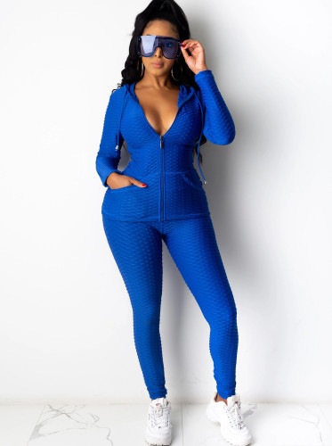 Casual Textrued Long Sleeve Hooded Zipper Tracksuit